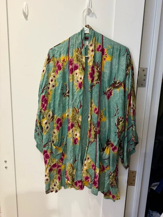 Floreat Anthropologie Teal Floral Kimono Robe with Pink & Yellow Accents - Picture 1 of 3